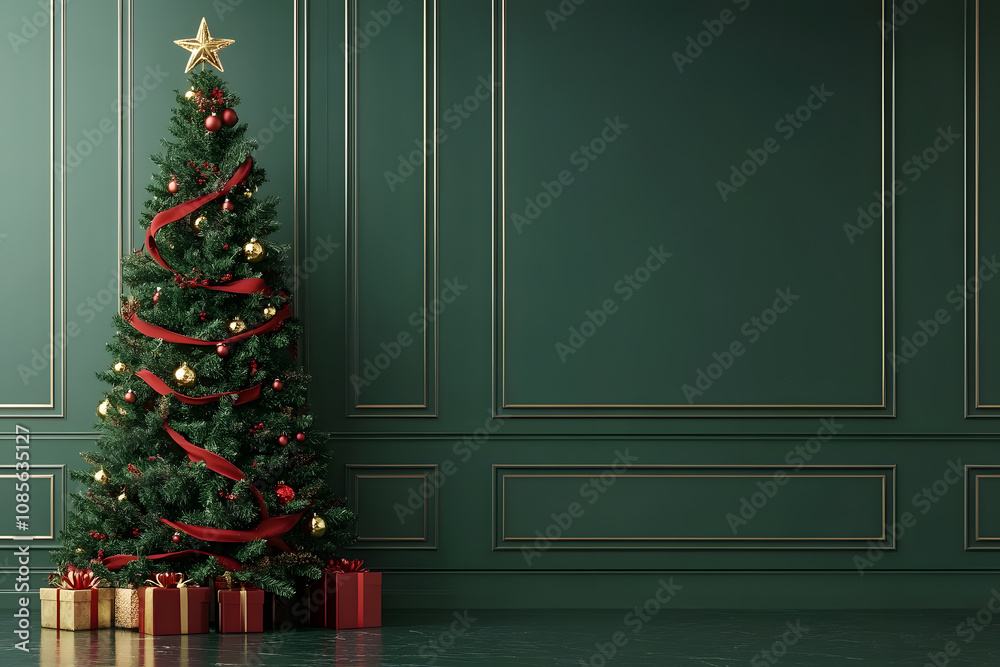 Decorated Christmas tree on green night background. Happy Holidays. Leave space for text.