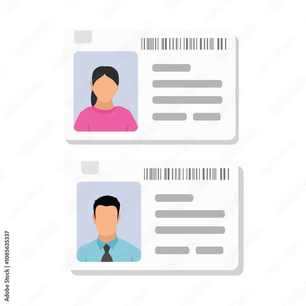 Plastic cards with male and female photo isolated on white background. ID cards or car driver licenses Plastic cards with male and female photo isolated on white background. ID cards or car driver licenses