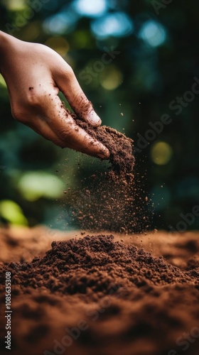 Close-up of soil being prepared for planting, a hand gently pushing a seed into the earth, rich, fertile ground ready for growth