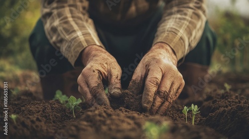 Fototapeta Naklejka Na Ścianę i Meble -  Elderly person gardening in vibrant garden, planting flowers and vegetables, warm sunlight, calm atmosphere, smiling face, hands in soil, peaceful activity, nurturing nature
