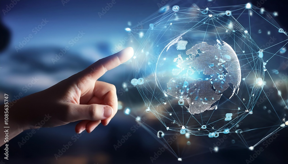Hand interacting with a digital network of communication bubbles Hand interacting with a digital network of communication bubbles