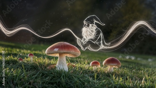 Mystical Gnome Floating Above Enchanted Mushrooms in a Starry Night Garden