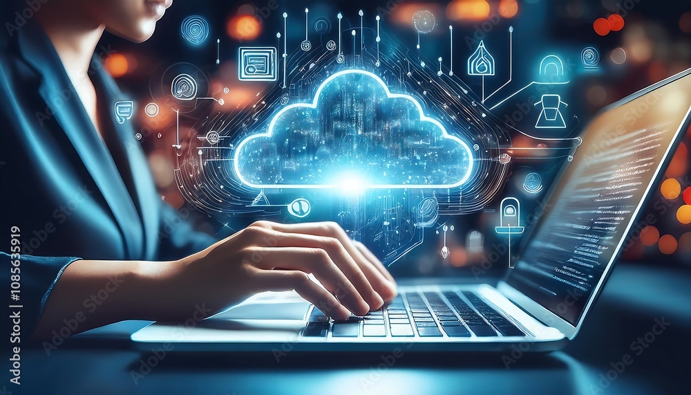 hand is typing on a laptop with a glowing cloud computing graphic floating above the keyboard. hand is typing on a laptop with a glowing cloud computing graphic floating above the keyboard.