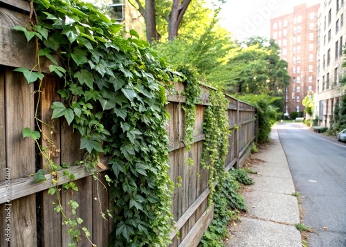 Candid Photography of Parthenocissus Climbing Plants on Wooden Fence: A Beautiful Display in Urban Gardening and Landscape Planning, Featuring Virginia Creeper in a Serene City Setting