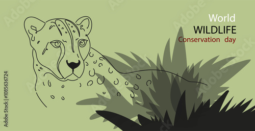 World Wildlife Conservation Day. Cheetah in wild jungle. Vector continuous line illustration. Wild animal day.