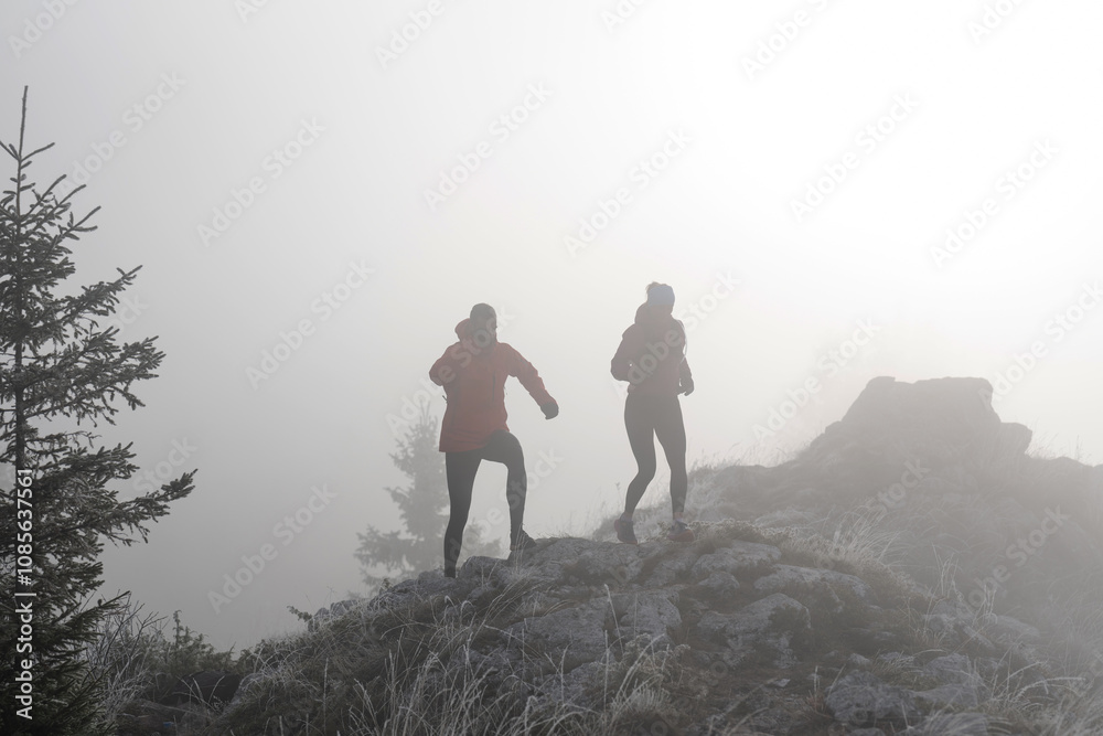 Obraz premium trail running couple man and woman running on a mountain path