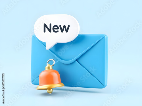 3D Closed blue envelope with speech bubble and bell. New message notification. Send letter by email. Push reminder. Newsletter subscription. Cartoon creative design icon. 3D Vector illustration2 photo