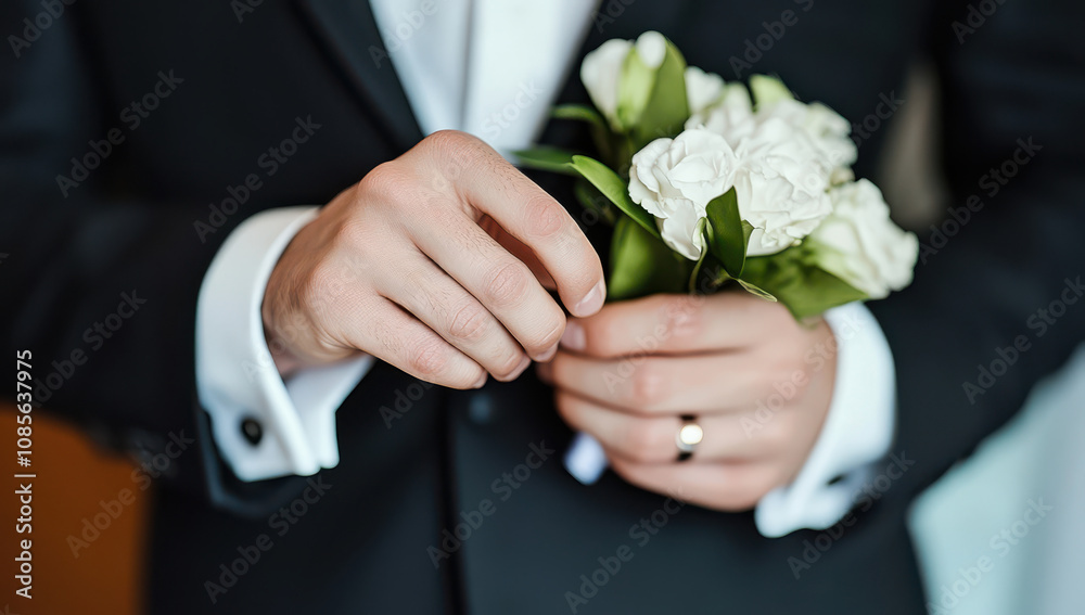 Groom holding wedding band on his ring finger, dressed in a black suit for the big day Groom holding wedding band on his ring finger, dressed in a black suit for the big day