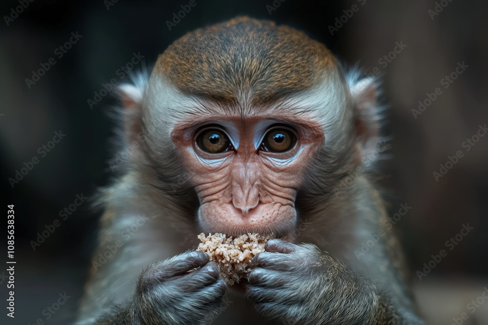 Obraz premium Chimpanzee portrait on dark background, close-up. Generative AI. Beautiful simple AI generated image