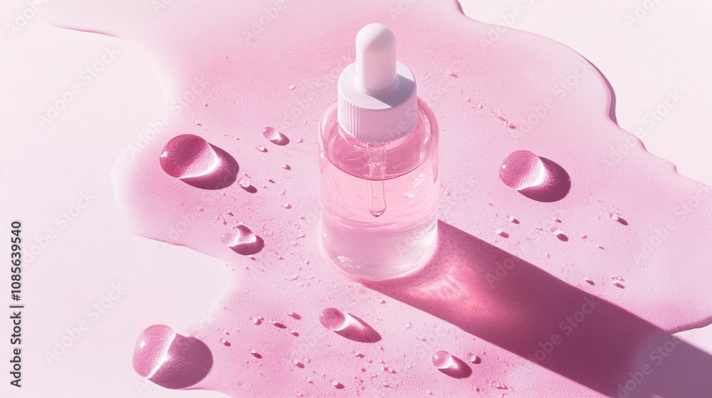 Elegant Pink Serum Bottle with Droplet on Soft Pink Background, Highlighting Beauty Product for Skincare and Cosmetic Use in Minimalist Style Elegant Pink Serum Bottle with Droplet on Soft Pink Background, Highlighting Beauty Product for Skincare and Cosmetic Use in Minimalist Style