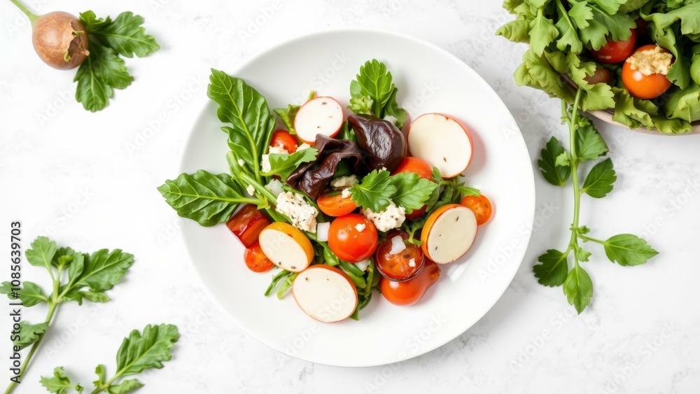 Fresh and Vibrant Salad with Radishes, Tomatoes, and Greens - Perfect for Healthy Meals and Dieting Fresh and Vibrant Salad with Radishes, Tomatoes, and Greens - Perfect for Healthy Meals and Dieting