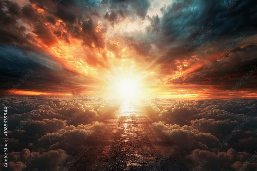 Fantastically beautiful staircase leading to cloudy sky at natural light