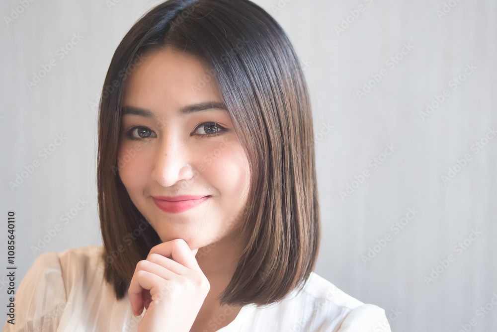 confident happy asian woman, portrait of successful happy positive asian woman thinking, planning, finding a good decisive idea confident happy asian woman, portrait of successful happy positive asian woman thinking, planning, finding a good decisive idea