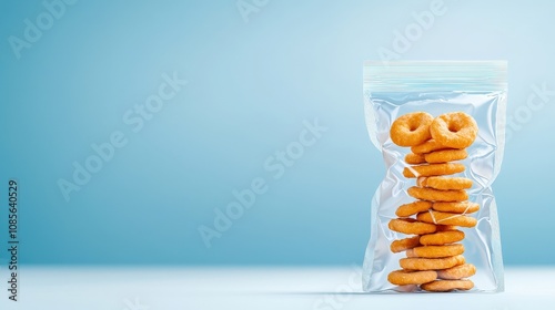 Realistic depiction of indulgent snacks in a clear, packaged bag, emphasizing the appeal of crunchy, tasty treats for food lovers and casual snackers in a minimalist setting. photo