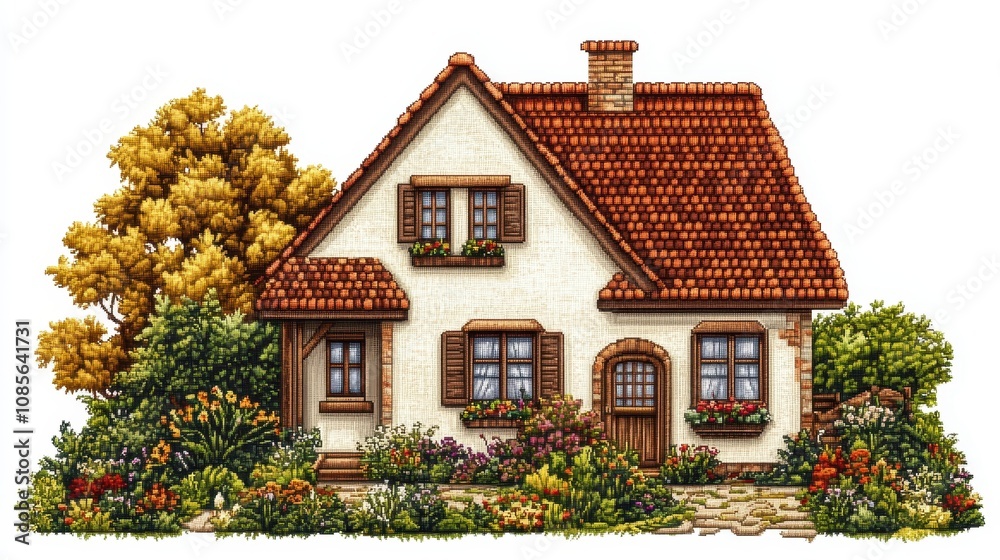 PNG Europian house in embroidery style needlework textile representation. PNG Europian house in embroidery style needlework textile representation.