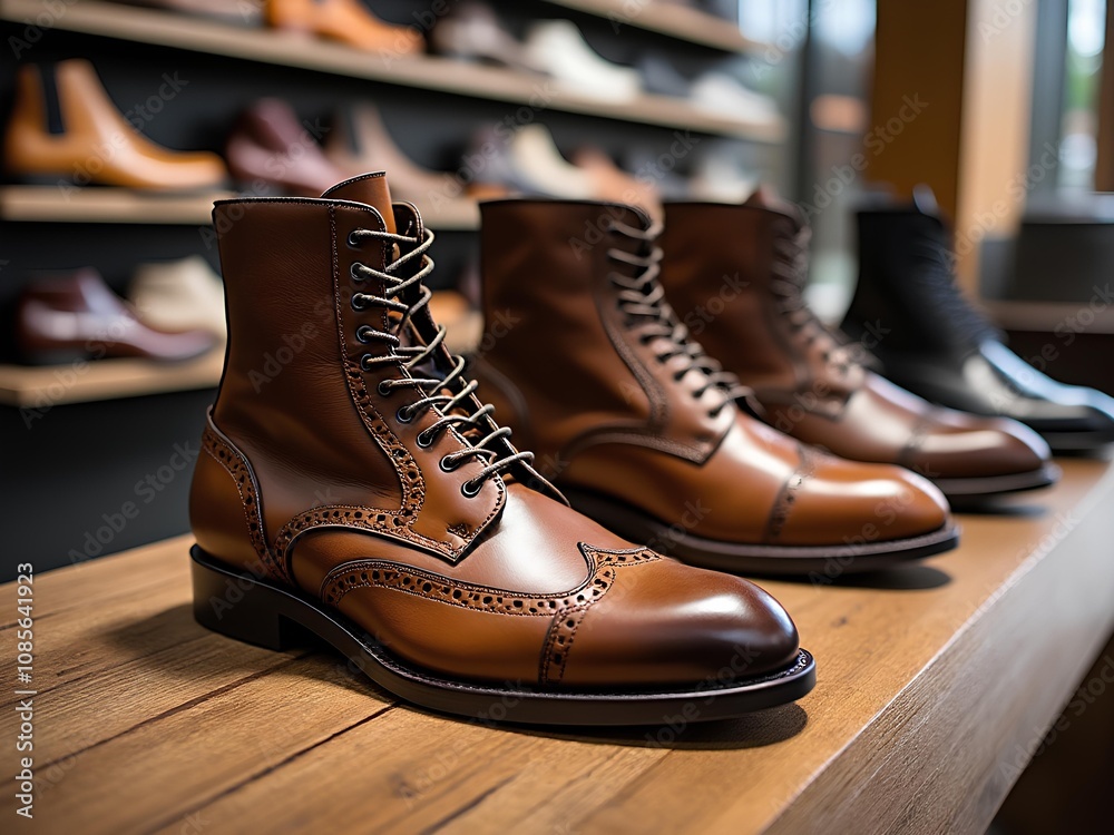 Branded men leather shoe display in a store for customer to shop Branded men leather shoe display in a store for customer to shop
