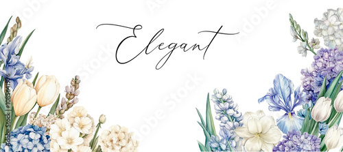 Watercolor banner with flowers png. Flowers tulips, hydrangea,hyacinth,freesia and other flowers. Elegant vintage floral composition. Vector illustration.