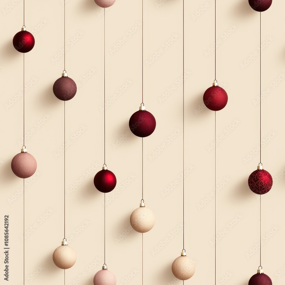 Fototapeta premium A seamless pattern featuring elegant red and gold Christmas ornaments hanging on strings, set against a soft beige background, perfect for festive decor.