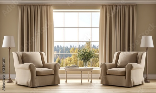 Living room with two beige armchairs and large window with autumn view, cozy home setting