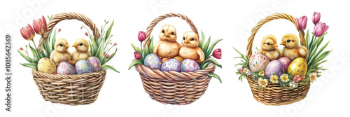 Watercolor set of Easter baskets with eggs and cute chicks. Easter basket filled with Easter eggs and decorated with tulips with cute chicks. Happy Easter.