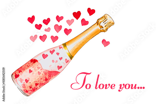 Watercolor champagne bottle with hearts inside and around. Watercolor elements for Valentine's Day. Concept of greetings and love. Vector illustration.