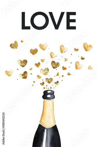 Valentine's Day watercolor card with a bottle of champagne. Black bottle of champagne from which golden hearts fly out with the inscription "Love". Concept of love, feelings and romance.
