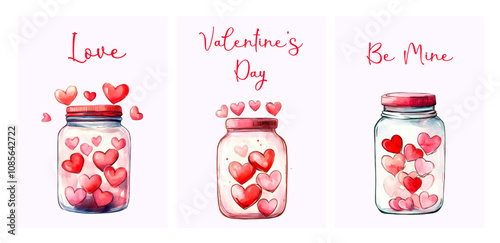 Set of cute Valentine's Day cards. Watercolor cards with glass jars with hearts. Concept of love and feelings. Happy Valentine's Day. Vector illustration.