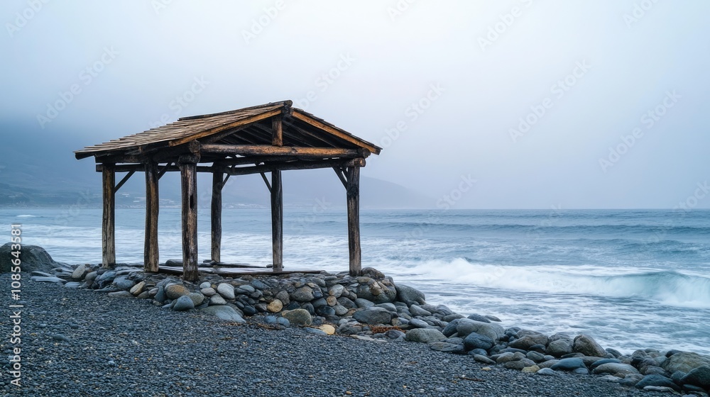 Small wooden gazebo with rustic charm, placed on a rocky beach, ocean waves nearby, overcast Small wooden gazebo with rustic charm, placed on a rocky beach, ocean waves nearby, overcast