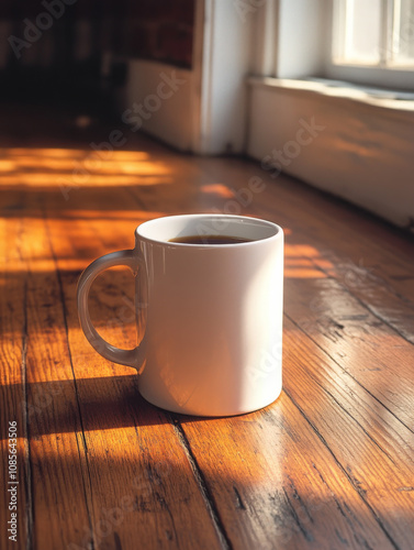 A simple white mug filled with coffee sits on a wooden floor, bathed in the warm glow of sunlight streaming through a nearby window.