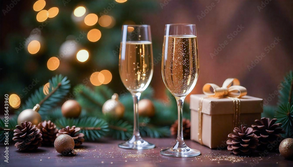 Two champagne glasses, pine cones, and fir branches set against the background of a Christmas tree Two champagne glasses, pine cones, and fir branches set against the background of a Christmas tree