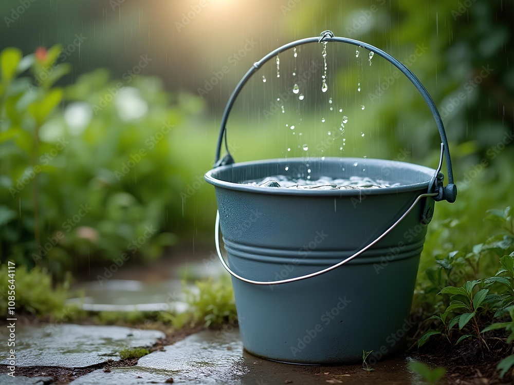 Pail collecting the rain water outdoor for daily use Pail collecting the rain water outdoor for daily use