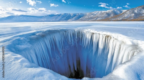 Ice Hole in Frozen Landscape Under Bright Sky