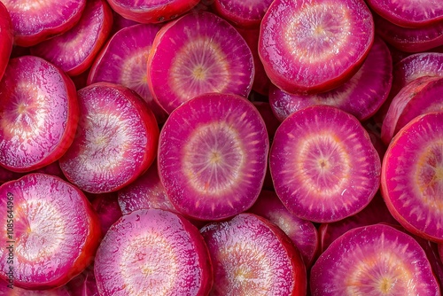 Slices of Purple Carrot Arranged in a Close-Up Pile, Showcasing Their Rich Hue and Texture. Great for Plant-Based Diet Guides, Nutritional Graphics, or Creative Food Illustrations photo