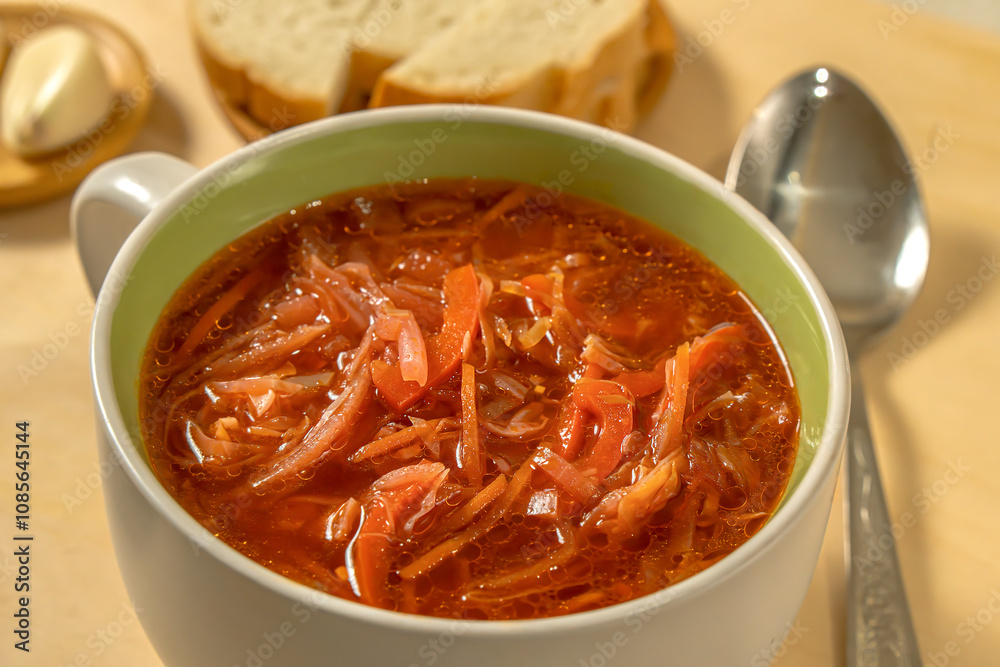 Vegetable soup without meat. Cabbage soup. Borsch. Close-up Vegetable soup without meat. Cabbage soup. Borsch. Close-up