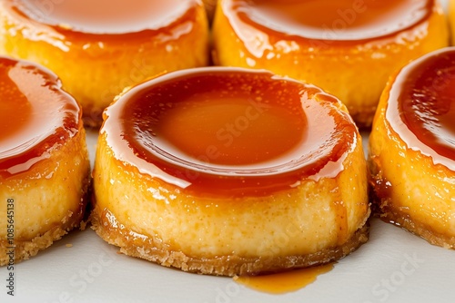 Caramel Flan Close-Up with a Smooth, Glossy Top Surface, Emphasizing Its Rich Caramelized Layer. Ideal for Cooking Articles, Food Photography, or Dessert Guides