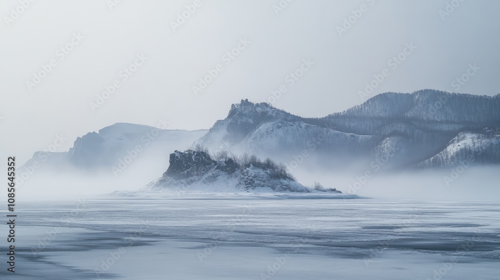 Serene Winter Landscape with Misty Mountains and Ice Serene Winter Landscape with Misty Mountains and Ice