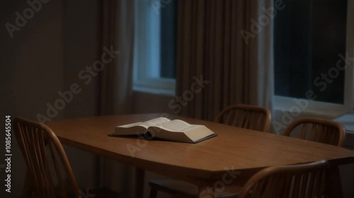 A book and  on a wooden table by the window, bathed in soft evening light, creating a peaceful atmosphere.