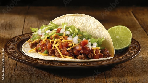 Delicious Taco with Fresh Ingredients on Wooden Table