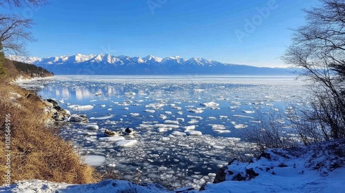 Serene Winter Scene of Frozen Lake and Snowy Mountains