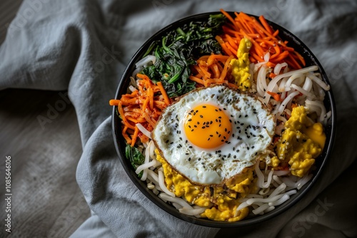 Vibrant Korean Bibimbap, Topped with a Fried Egg, Featuring Spicy Flavors and Fresh Ingredients. Perfect for Asian Cuisine Blogs, Food Menus, or Cooking Recipe Guides photo