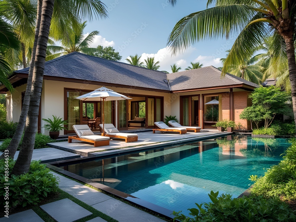 Fototapeta premium Beautiful and luxury Bali villa resort with private pool for a short getaway, vacation and relax. Escape the hustle and bustle of the city