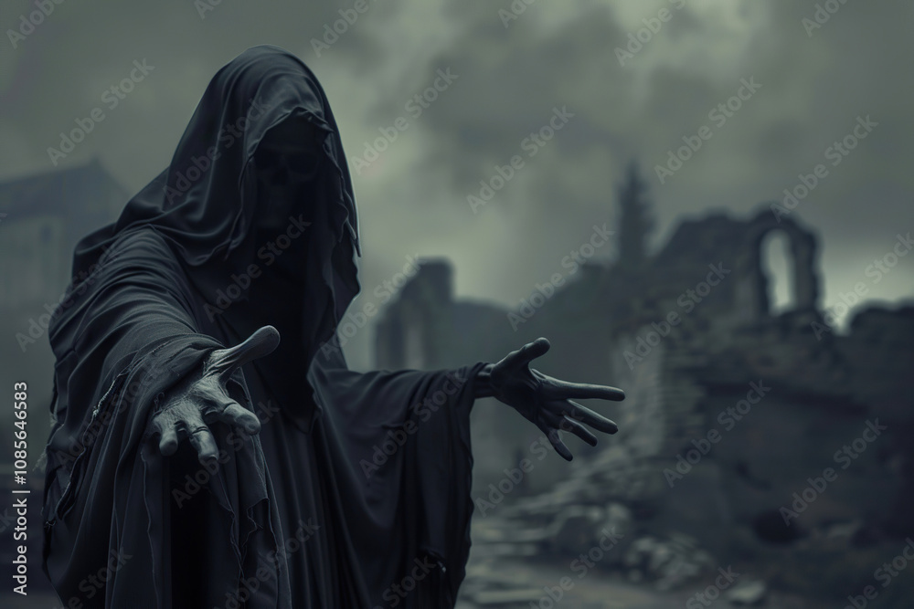 Scary grim reaper with scythe in hell on dark background with dramatic background Scary grim reaper with scythe in hell on dark background with dramatic background