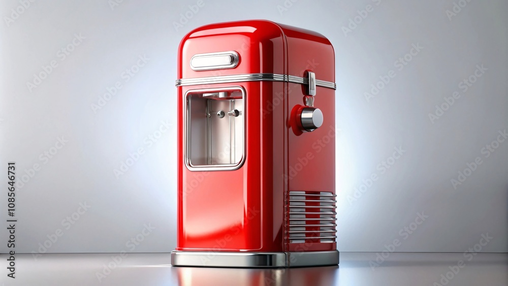 A bright red retro soda machine with chrome accents and classic branding.  