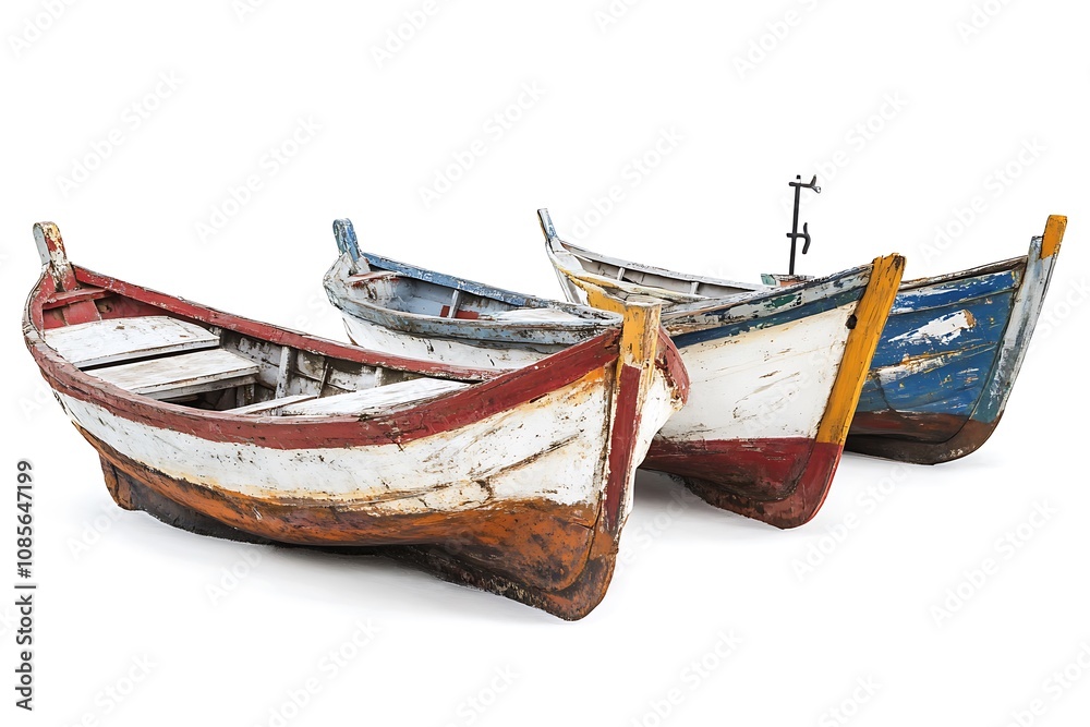 Fishing boats isolated on white background, close up Fishing boats isolated on white background, close up