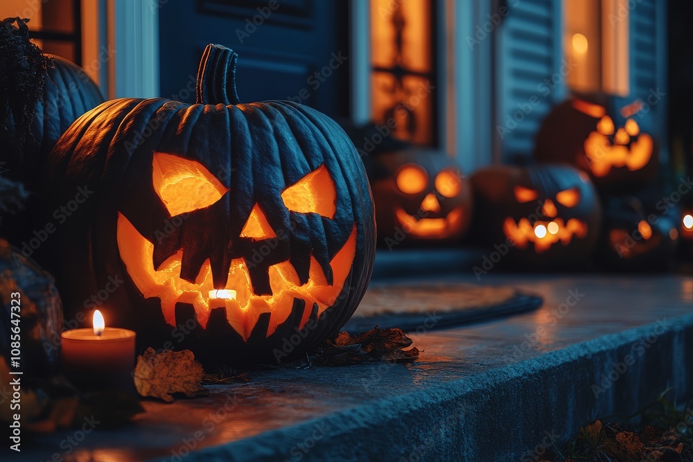 Halloween pumpkins with carved glowing eyes and mouth on a front porch at night, illuminated by candlelight. Perfect for house exterior decoration and spooky outdoor setups.
