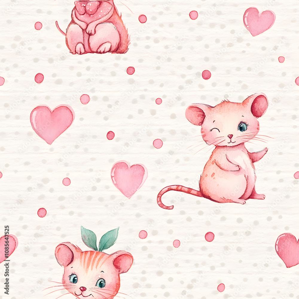 watercolor pets, cute cats and mouse, pastels wall paper seamless pattern, soft and dreamy, vintage, on soft polka dot paper watercolor pets, cute cats and mouse, pastels wall paper seamless pattern, soft and dreamy, vintage, on soft polka dot paper