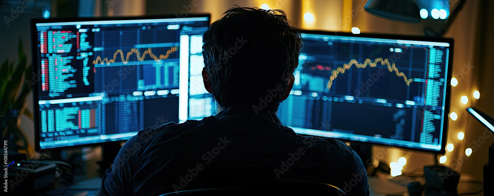 A silhouette of a person analyzing data on dual monitors, displaying colorful graphs and charts in a dimly lit environment. A silhouette of a person analyzing data on dual monitors, displaying colorful graphs and charts in a dimly lit environment.