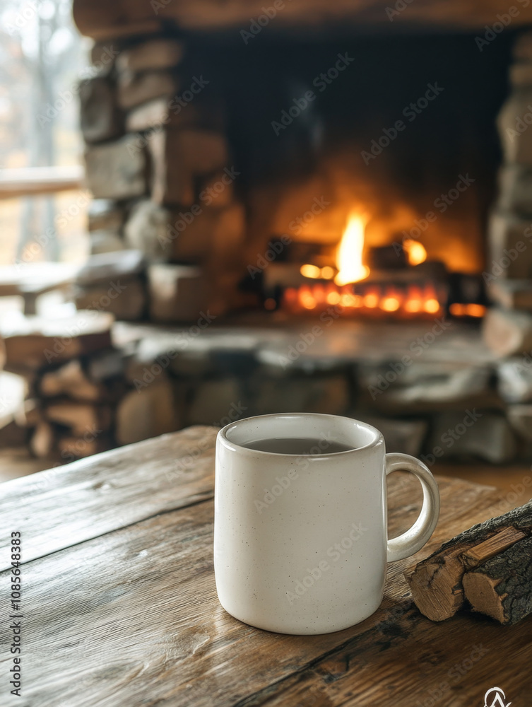 A cozy white mug sits on a rustic wooden table in front of a crackling fireplace, inviting warmth and comfort.