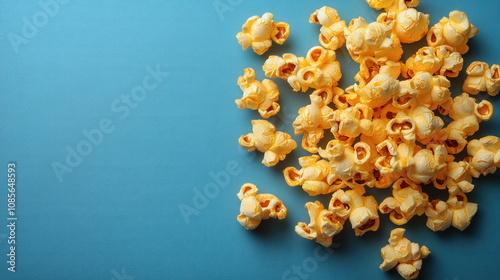 Crispy yellow popcorn scattered on vibrant blue background, perfect for movie nights and snack time. Enjoy delightful crunch and buttery flavor!