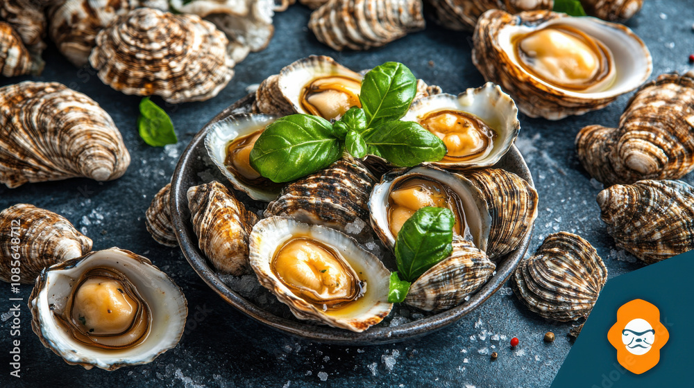 Fresh oysters served on plate with basil leaves, showcasing delicious seafood dish. Perfect for gourmet dining or special occasions Fresh oysters served on plate with basil leaves, showcasing delicious seafood dish. Perfect for gourmet dining or special occasions